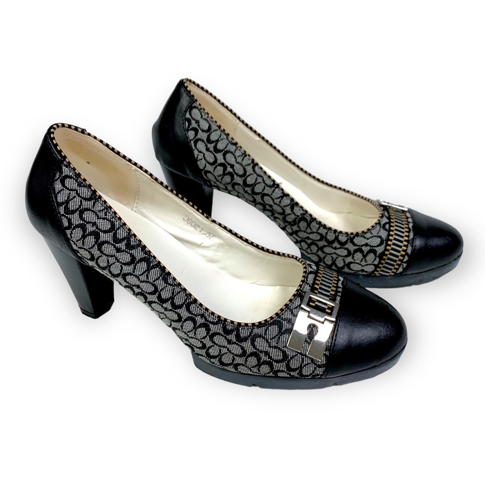VTG Coach Black Gray Jacquard C Signature Leather Toe Cap Platform Pumps 6.5 /37